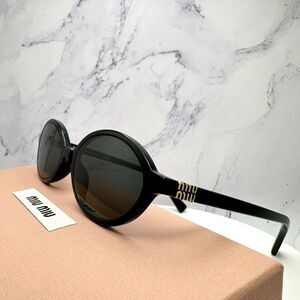 MIU MIU Sunglasses New Black Acetate Slim Round Gold Metal Logo Authentic Women